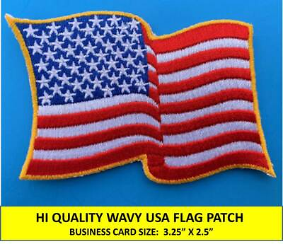 #ad USA AMERICAN FLAG EMBROIDERED PATCH WAVING WAVY IRON ON SEW ON GOLD BORDER $2.65