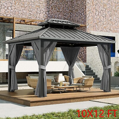 #ad 10x12 FT Gazebo Hardtop Double Roof Canopy Garden Tent with Netting and Curtains $899.99
