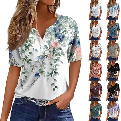 #ad Womens T Shirt Tee Print Button Short Sleeve V Neck Flower Colorful Ladies Tops $14.99
