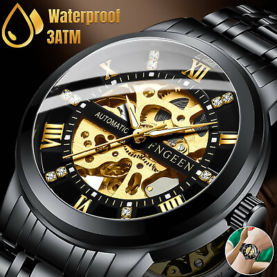 #ad Luxury Men#x27;s Stainless Steel Gold Tone Skeleton Automatic Mechanical Wrist Watch $21.98