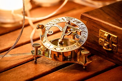 #ad Brass Sundial Compass 3” Inch w Beautiful Wooden Box Antique Vintage Style Gift $39.99