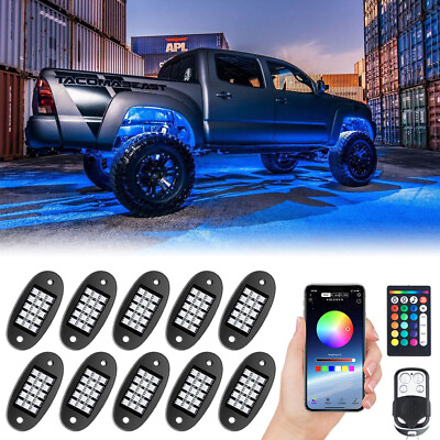 #ad 10 Pods RGB LED Rock Lights Kit Underbody Neon Light Bluetooth APP Control $47.35