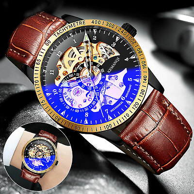 Luxury Men#x27;s Stainless Steel Automatic Mechanical Wrist Watch Gold Tone Skeleton $20.98