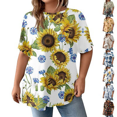 #ad Womens Tops Plus Size Casual Short Sleeve Round Neck Retro Floral Print T shirt $15.33
