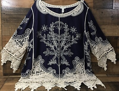 #ad Women’s Boho Embroidered Tunic Lace Detail 3 4 Sleeve Top Size 22 24W Peasant $28.04