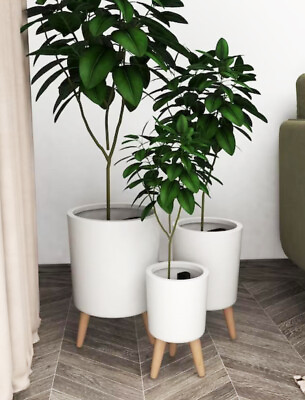 #ad Set of 3 Contemporary White Fiber Clay Cylindrical Planter Pots With Wooden Feet $139.99