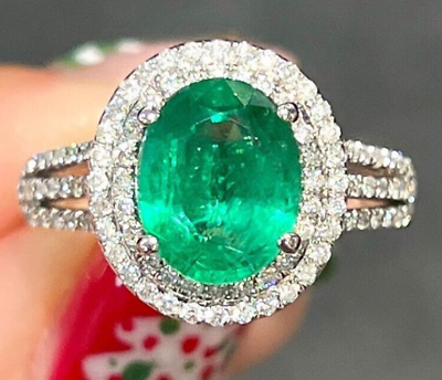 #ad Emerald Natural and Diamond 14k Solid White Gold Ring All Sizes $1250.00