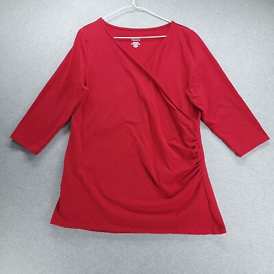 #ad Torrid Blouse Womens 2 US 2X Red Fixed Wrap 3 4 Sleeve V Neck Pullover Top $19.83