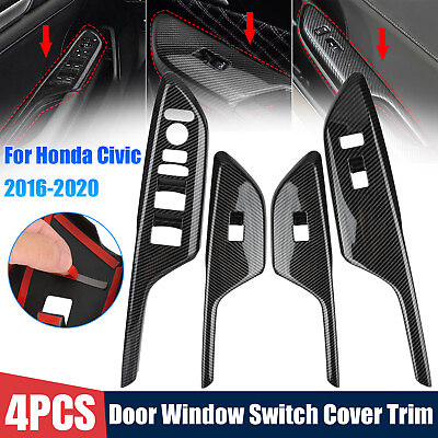 #ad #ad 4X Carbon Fiber Interior Door Window Switch Cover Trim For Honda Civic 2016 2020 $19.48