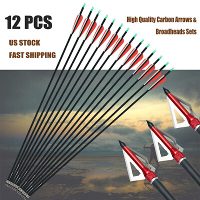 Archery 12 24pcs 31in Carbon Arrows With Nocks amp; 3 Blade Broadheads for Hunting $55.99