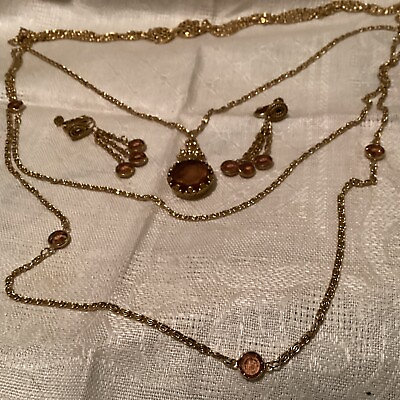 #ad VINTAGE GOLDETTE SIGNED 3 STRAND INTAGLIO CAMEO NECKLACE MATCHING EARRINGS $59.99