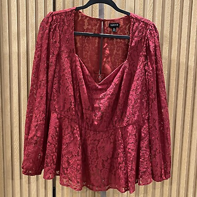 #ad Torrid Blouse Women#x27;s 2X Red Long Sleeve Boho Lace V Neck Top NEW $17.77