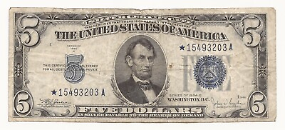 #ad 1934 C $5 Dollar Bill Silver Certificate STAR Note 203A SEM $104.49