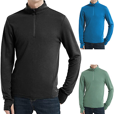#ad Men#x27;s 100% Merino Wool Shirts Midweight Thermal Warm Base Layer Zip Neck Ski Top $35.99