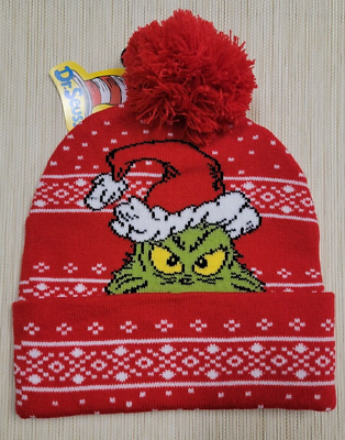 #ad MENS DR SEUSS THE GRINCH CHRISTMAS POM POM RED BEANIE HAT ONE SIZE $17.99