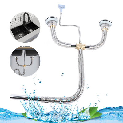 #ad Double Bowl Kitchen Sink Pipe Stainless Fitting Plumbing Drain Replace Part Sets $53.20