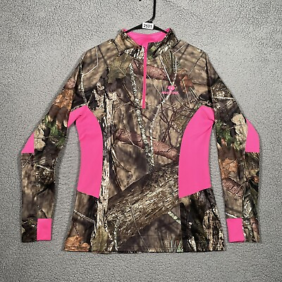 #ad Mossy Oak Shirt Womens Large Camo Pink Long Sleeve Zip Outdoors Athletic $15.99