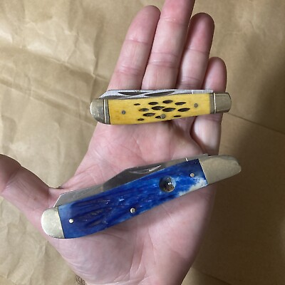 #ad Used Whitetail Cutlery Blue Stag Folding Pocket Knife Yellow stag NRA knife. $20.01