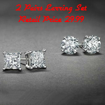 #ad Sterling Silver Stud Earrings Cubic Zirconia Round Men Women 2PC CZ Earrings Set $6.99