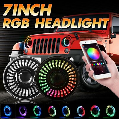 #ad AUXBEAM 7quot;INCH LED Headlights RGB Flowing Ring bluetooth APP For Chevy Camaro $159.99