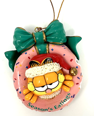 #ad Vintage PAWS Christmas Ornament Garfield The Cat In A Pink Donut Wreath 1996 IOB $24.95