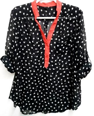 #ad *Maurices black white polka dots sheer see through button roll up sleeve top XXL $15.99