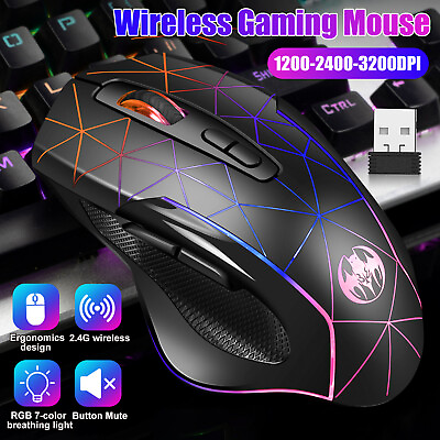 #ad 3200DPI Chargeable RGB LED Ergonomic Wireless Gaming Mouse Optical for Laptop PC $14.48