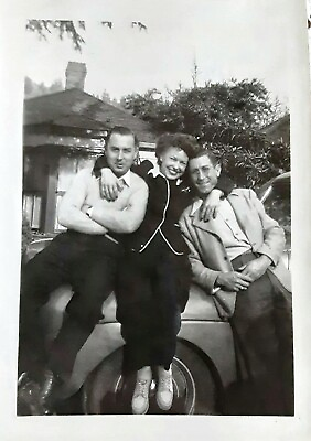 #ad Vintage Old 1940#x27;s Photo of a Pretty Girl Woman Sits on Car Arms Around Two Men $9.90