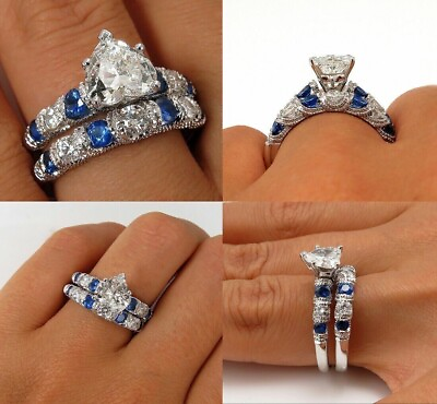 #ad 4Ct Heart Cut Shape Lab Created Diamond Bridal Set Ring 14K White Gold Plated $159.49