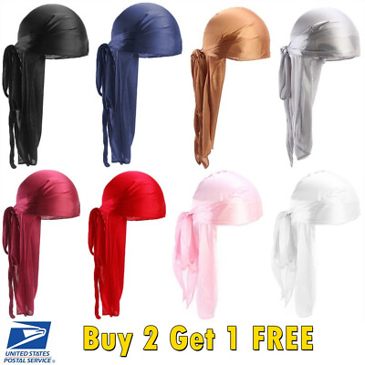 Solid Color Silky Satin Durag Unisex Wave Cap Hat Doo Rag Biker Smooth Head Wrap $4.89