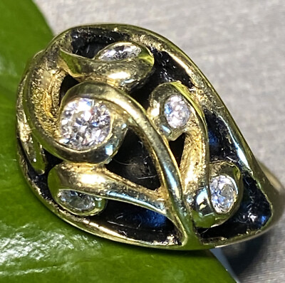 #ad 18K Yellow Gold Diamond Black Enamel Vintage Ring 5 Fine Jewelry Estate Unique $1500.00
