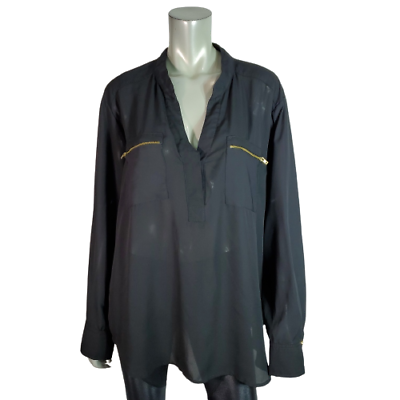 #ad Ophelia Roe Top Plus Size 1X High Low Zip Pockets Semi Sheer Long Sleeve Black $14.99