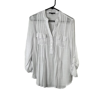 #ad Zac amp; Rachel Womens White Roll Tab Sleeve Half Button Blouse Top Size Medium $11.19