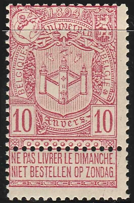 #ad Belgium Stamp 1894 SC# 77 10c dl car Arms of Antwerp #x27;; Blue Gray Paper $3.70