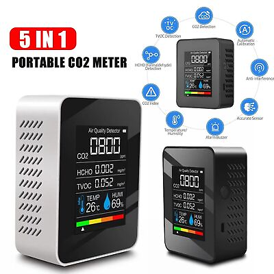 #ad Portable 5 in 1 Air Quality Monitor CO2 Meter Carbon Dioxide TVOC HCHO Detector $15.63