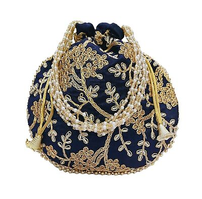 #ad Indian Traditional Navy Blue Fabric Golden Work Drawstring Potli Bag For Women $13.19