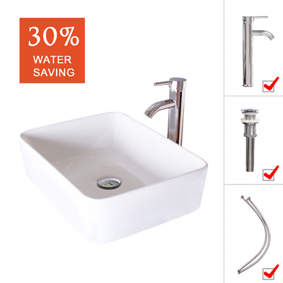 #ad Bathroom Ceramic Vessel Sink White Rectangle Faucet Bowl Pop Up Drain Top Combo $109.99