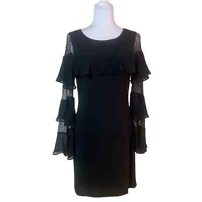 #ad White House Black Market Size S Shift Dress Black Ruffle Sheer Lace Sleeve $27.30