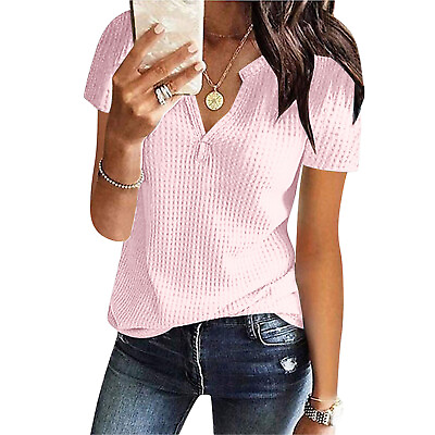 #ad Womens Tunics Waffle Knit T Shirt V Neck Henley Shirts Short Sleeve Blouse Tops $14.06