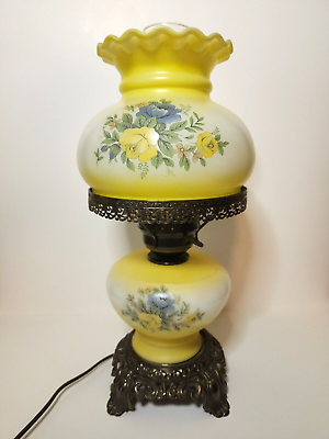 #ad Antique GWTW Style 3 way Yellow Lamp with Yellow and Blue Floral Design $85.00