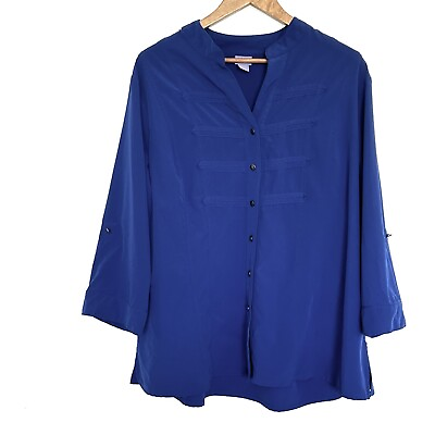 #ad Laura Scott Shirt Women’s 2X Blue Button Down 3 4 Roll Tab Sleeve V Neck Blouse $5.98