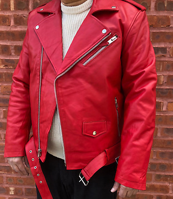 #ad Mens Light Weight Spring Genuine Leather Biker Jacket Slim Fit Moto Racer Red $199.99