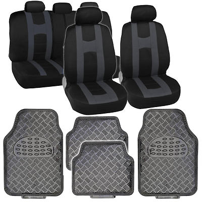 Charcoal Gray Sport Seat Covers Set w Heavy Duty Carbon Vinyl Floor Mats Set $49.90