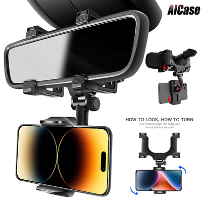 Phone Mount Car 360°Rotatable and Retractable Car Phone Holder Rearview Mirror $8.89