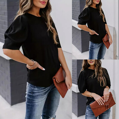 #ad Womens Solid Casual Round Neck Short Puff Sleeve T Shirt Tunic Tops Tees Blosues $14.59