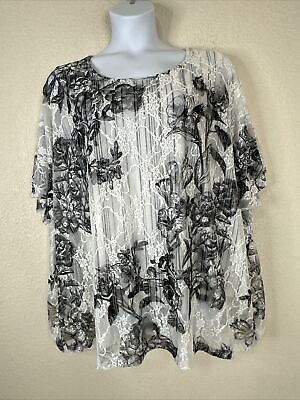 #ad Catherines Womens Plus Size 2X Blk Wht Floral Lace Overlay Top Short Sleeve $24.00
