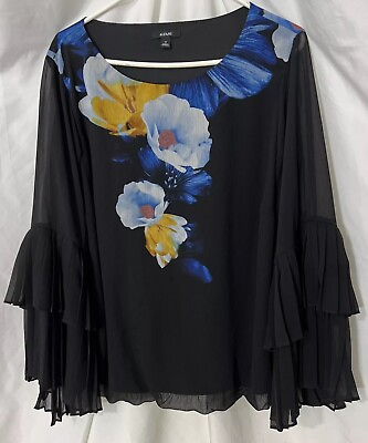 #ad Alfani Sz 2X Black Blouse Abstract Floral Tiered Ruffle Sleeve Art To Wear $10.50