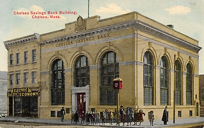 #ad Chelsea Massachusetts Savings Bank Corner Crowd Vault Clock Electric Office 1908 $10.00