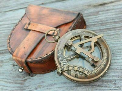 #ad Vintage Brass Antique Sundial Compass w Leather Case Marine Compass Engraved $52.71