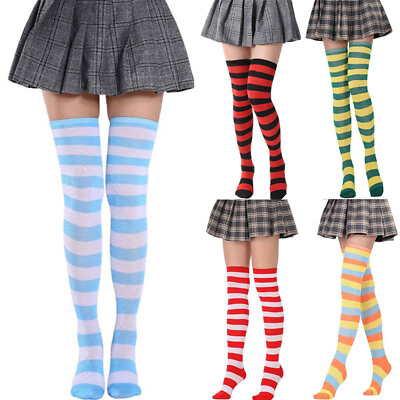 #ad Socks Thigh High Striped Cotton Knee Stockings Over Tube Sexy Women Leg Slim $6.57